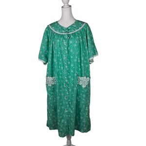 Granny Mint White Floral Pocket Vintage Housecoat Pearl Snaps Modest Lounge Wear